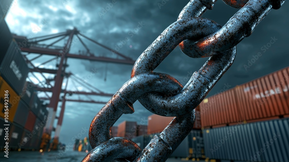 Naklejka premium Shipping dock locked with heavy chains and padlocks, showing trade blockade visual.