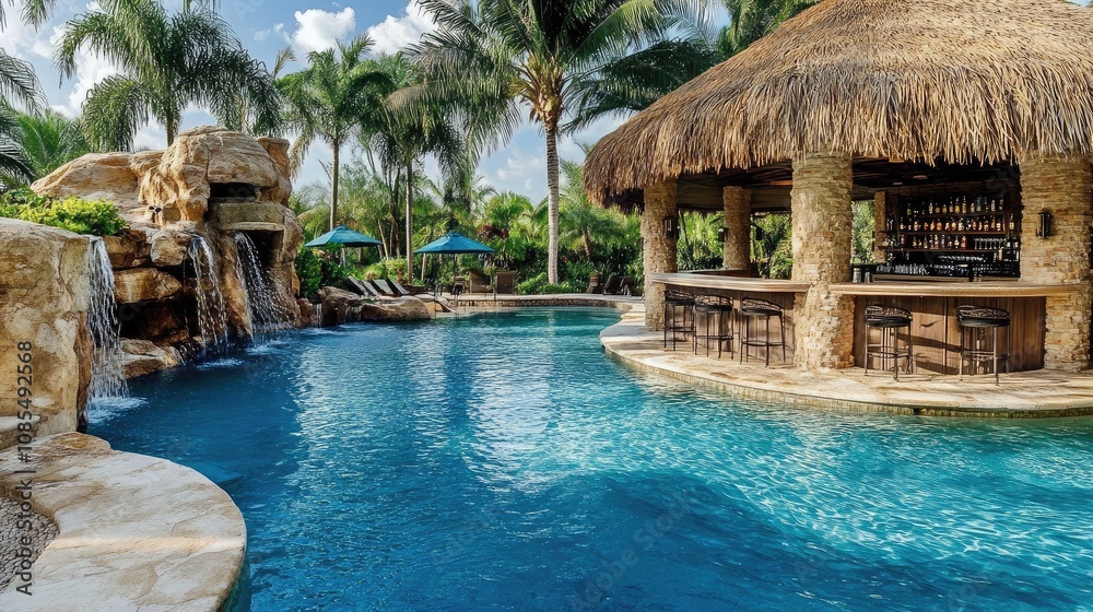 Tranquil Tropical Oasis Featuring a Natural Pool with Waterfall and Thatched Roof Bar Surrounded by Lush Palm Trees and Relaxing Lounge Chairs Tranquil Tropical Oasis Featuring a Natural Pool with Waterfall and Thatched Roof Bar Surrounded by Lush Palm Trees and Relaxing Lounge Chairs