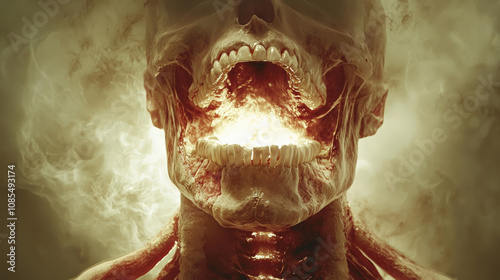 This depicts surreal representation of human skull with fiery interior, showcasing intricate details of jaw and throat. dramatic lighting enhances eerie atmosphere, evoking sense of intensity and photo