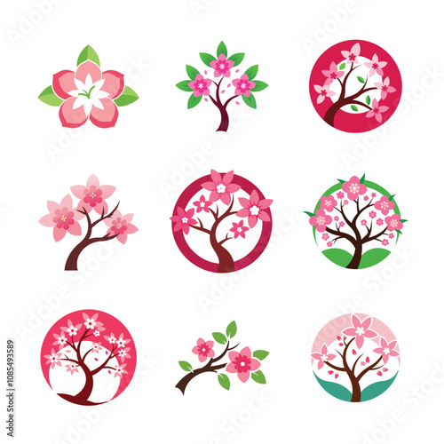 Set of blooming cherry blossoms in spring logo
