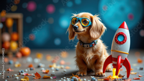 A Dachshund dog wearing glasses next to a toy rocket with confetti on the ground. photo