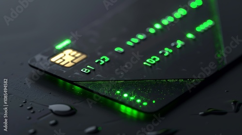 A sleek, futuristic credit card illuminated with green lights, resting on a wet surface.