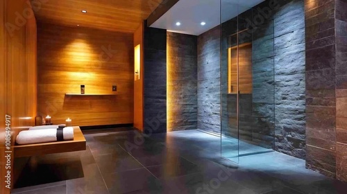 Sleek and Minimalist Modern Bathroom with Glass Shower and Slate Tile Flooring