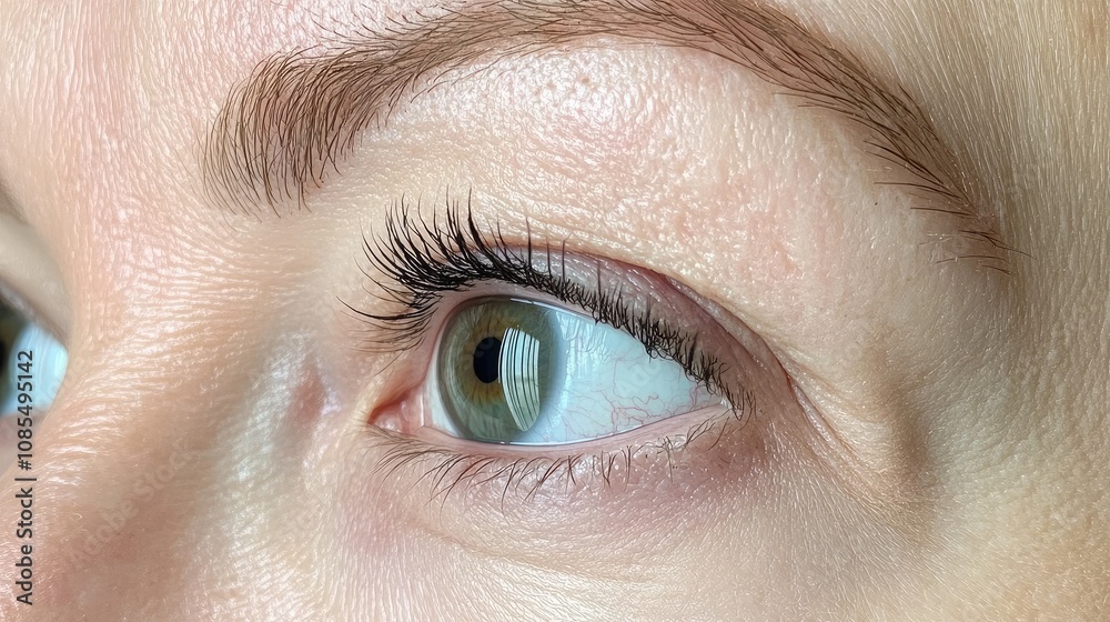 Obraz premium Close-Up of a Woman’s Eye with Natural Eyelashes and Subtle Makeup, Highlighting Beautiful Green Iris and Well-Groomed Eyebrows Under Soft Lighting
