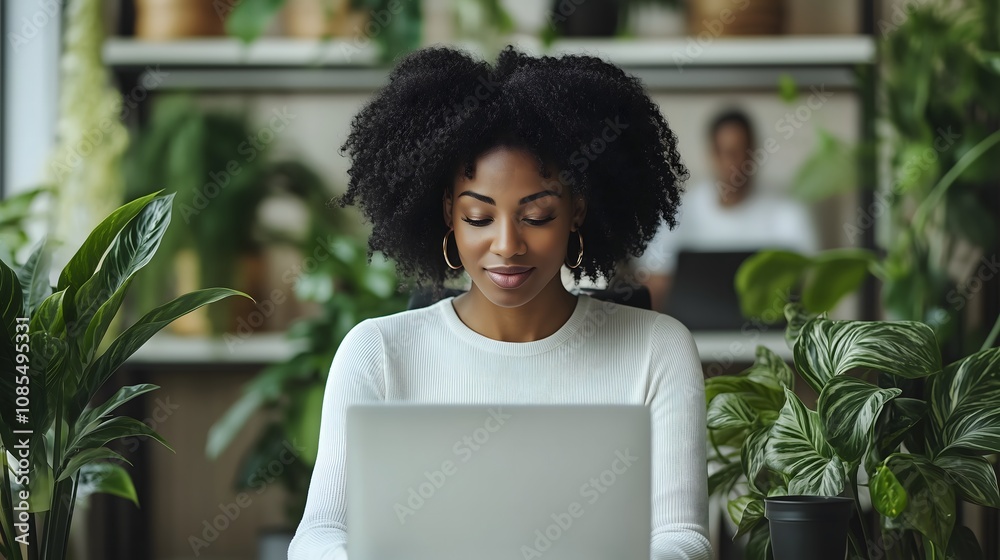 Modern home office scene featuring a focused individual in a comfortable chair,utilizing laptop an web camera for remote hiring success,accompanied by natural lighting ,potted plant decor,and spacious Modern home office scene featuring a focused individual in a comfortable chair,utilizing laptop an web camera for remote hiring success,accompanied by natural lighting ,potted plant decor,and spacious