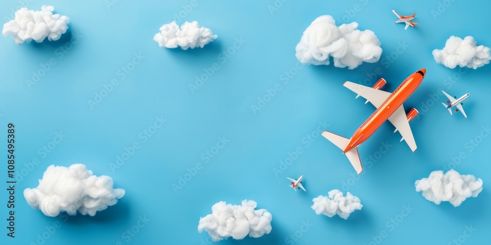 Airplane Flying Above Cotton Clouds, Travel Concept Airplane Flying Above Cotton Clouds, Travel Concept