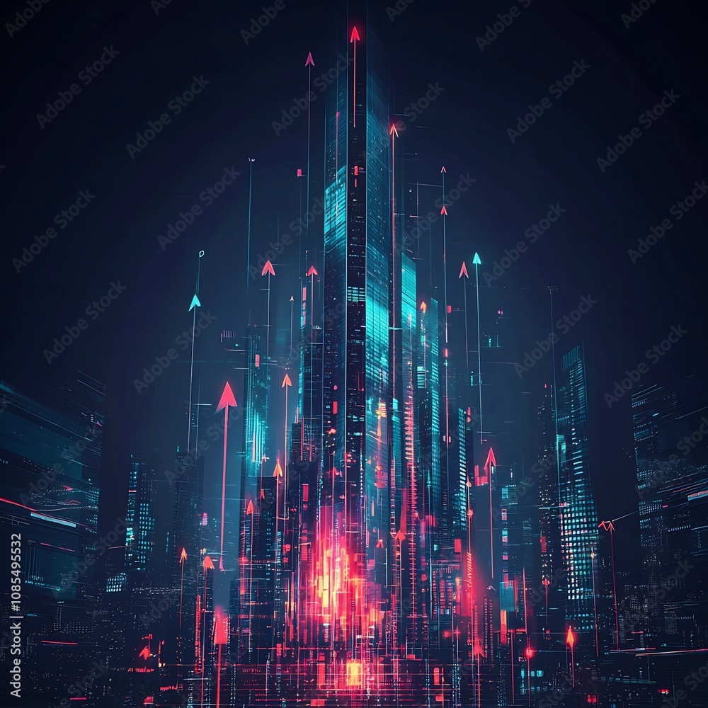 Futuristic Skyscraper of Rising Investment Charts and Financial Growth Arrows Futuristic Skyscraper of Rising Investment Charts and Financial Growth Arrows
