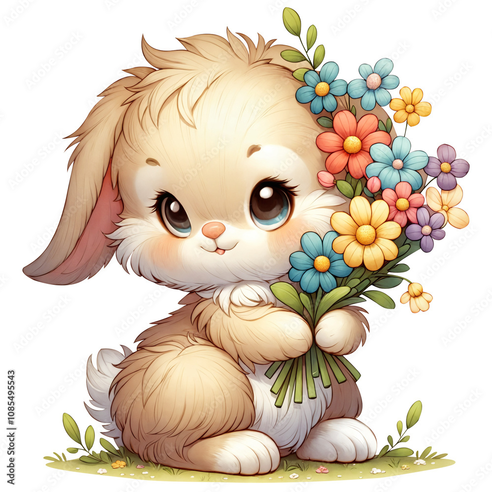 Obraz premium Cute rabbit with bouquet of flowers. Png isolated clipart on transparent background. Easter bunny ilustration for invitation, greeting cards, stickers
