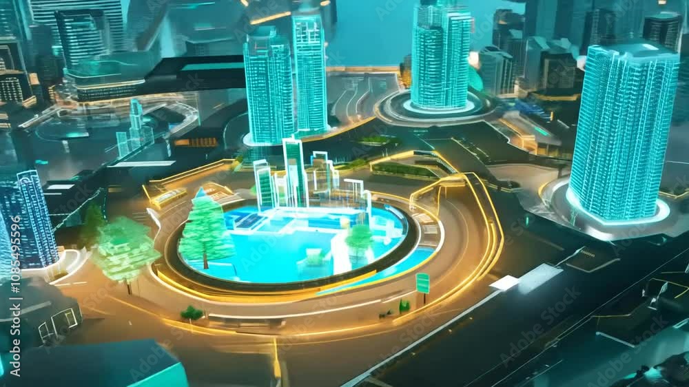 Futuristic Cityscape: Neon Glow and Digital Infrastructure
