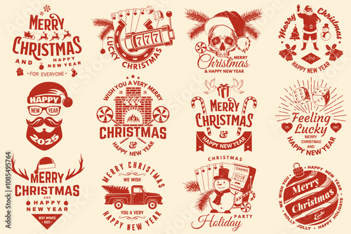 Set of Lucky Christmas casino night. Vintage print, logo, badge design with santa claus, casino dice, fireplace, poker playing card, slot machines and sweet candy cane. Vector illustration