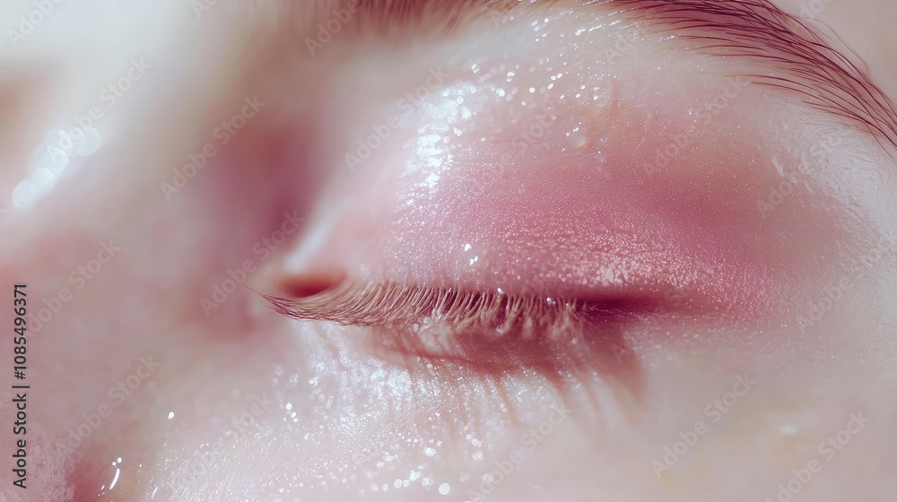 Fototapeta premium Close-up of a Woman's Eye with Soft Pink Eyeshadow and Glowing Skin, Capturing a Fresh and Natural Makeup Look for Beauty and Cosmetology Themes