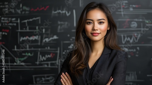 Businesswoman standing confidently at a chalkboard filled with complex financial equations, with parts of the board erased and re-written, symbolizing the process of trial and error before success. 