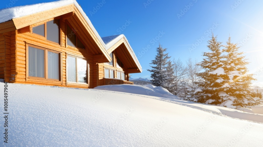 Cozy Cabin Nestled in Snowy Landscape Surrounded by Icy Wilderness with Bright Sunshine Glowing in the Background Creating a Warm Atmosphere Cozy Cabin Nestled in Snowy Landscape Surrounded by Icy Wilderness with Bright Sunshine Glowing in the Background Creating a Warm Atmosphere