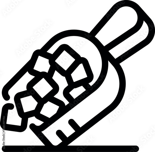 Metal scoop pouring ice cubes on the ground, simple black and white icon