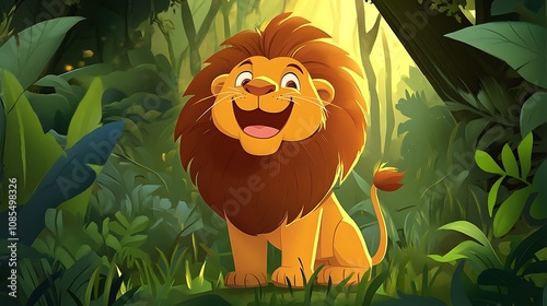 Smiling Lion in a Lush Jungle Setting - Digital Illustration AI Generated photo