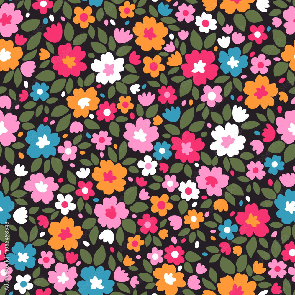 Cute floral background. Floral pattern with small multicolored flowers on a black background. Seamless pattern for design and fashion prints. Ditsy style. Stock vector illustration.