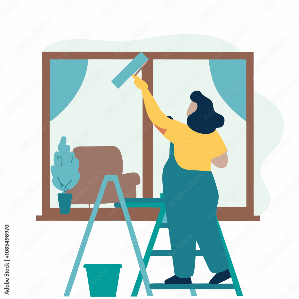 Fototapeta premium Vector illustration of a person painting a window at home 