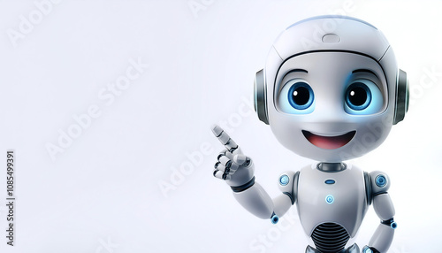 Cute AI robot pointing copy space beside her with smile and happy feeling on white