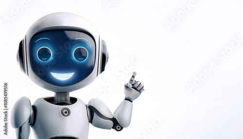 Cute AI robot pointing copy space beside her with smile and happy feeling on white