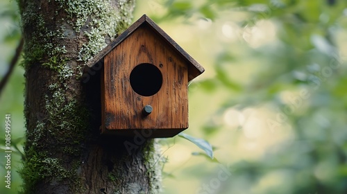 Rustic Wooden Birdhouse Nestled in a Mossy Tree Trunk AI Generated