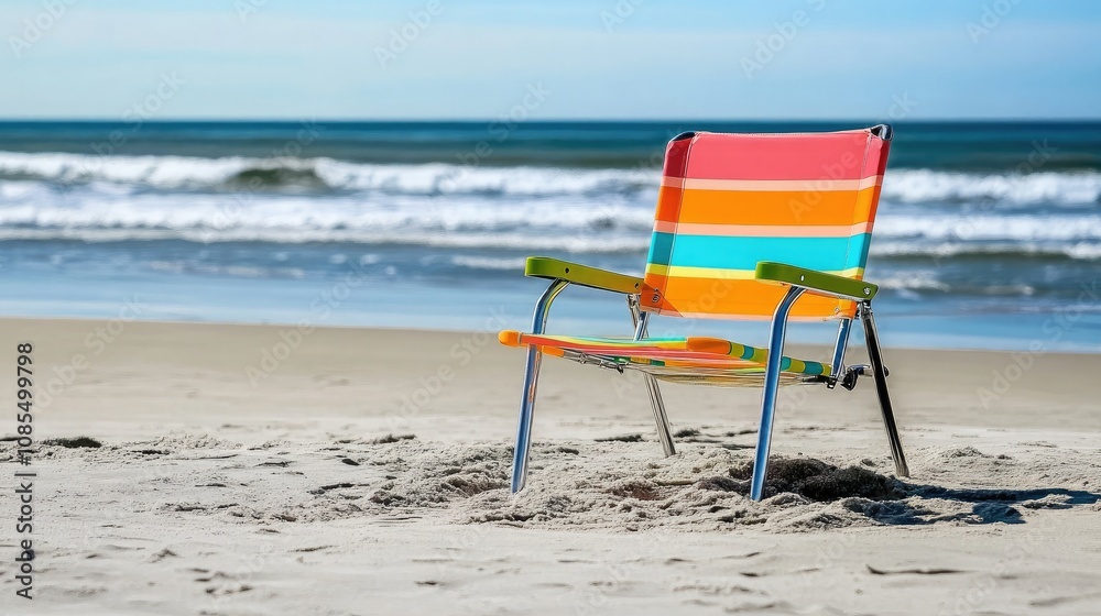 Vibrant Beach Chair on Seashore with Gentle Waves, Perfect for Summer Relaxation and Coastal Getaway Imagery, Colorful Stripes Capturing Joy and Serenity Vibrant Beach Chair on Seashore with Gentle Waves, Perfect for Summer Relaxation and Coastal Getaway Imagery, Colorful Stripes Capturing Joy and Serenity