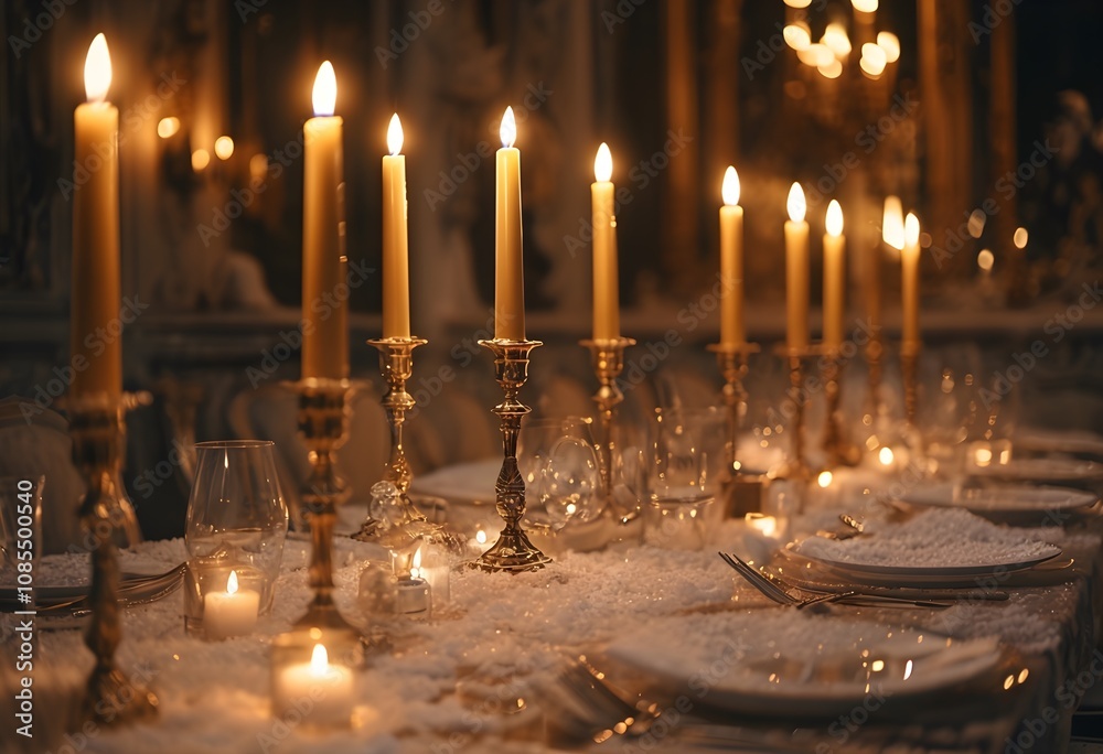 Luxury Candlelit Dining with Snowy Accents – Golden Candles and Warm Festive Glow for an Elegant Holiday Ambiance Luxury Candlelit Dining with Snowy Accents – Golden Candles and Warm Festive Glow for an Elegant Holiday Ambiance