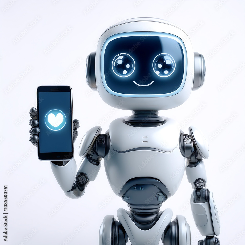 AI robot holding phone and showing on white screen of phone with smile and happy feeling on white
