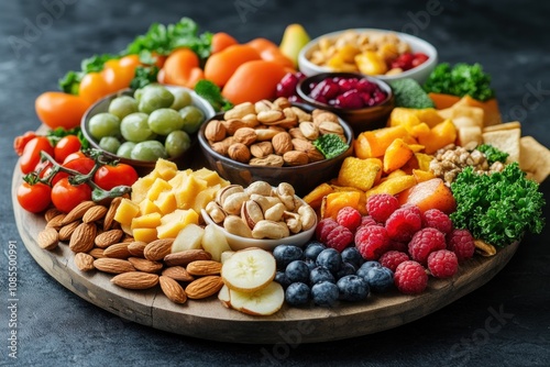 Colorful platter of fresh fruits and nuts.