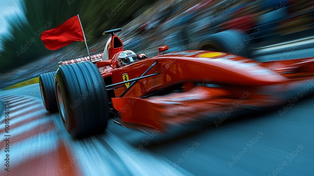 Fototapeta premium Formula One car crossing the finish line with a checkered flag, motion blur