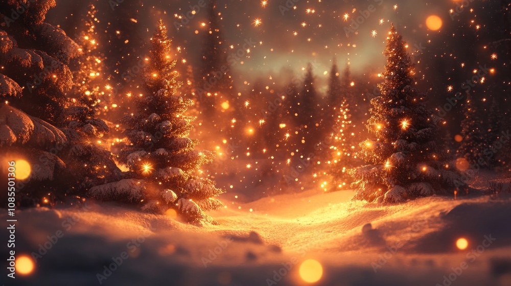 Enchanted winter landscape with glowing trees. Enchanted winter landscape with glowing trees.