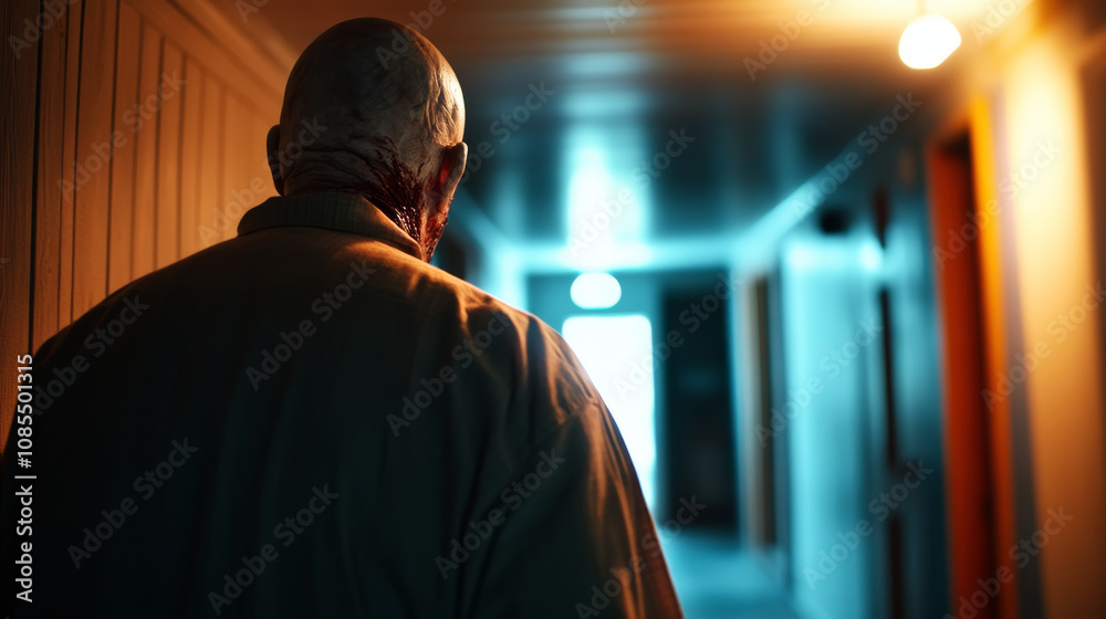 An eerie figure walks down a dimly lit hotel corridor at night, creating an atmosphere of suspense and intrigue for the viewer An eerie figure walks down a dimly lit hotel corridor at night, creating an atmosphere of suspense and intrigue for the viewer