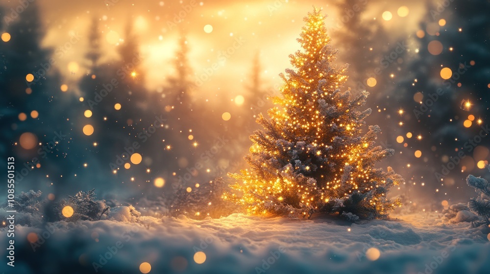 Snowy Christmas tree glowing in a winter forest. Snowy Christmas tree glowing in a winter forest.