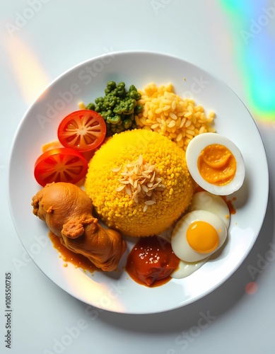  A plate of nasi hujan panas with turmeric rice, fried chicken, boiled egg, sambal, and fried shallots on a white plate against a minimalist background. Soft lighting highlights the vibrant colors  photo