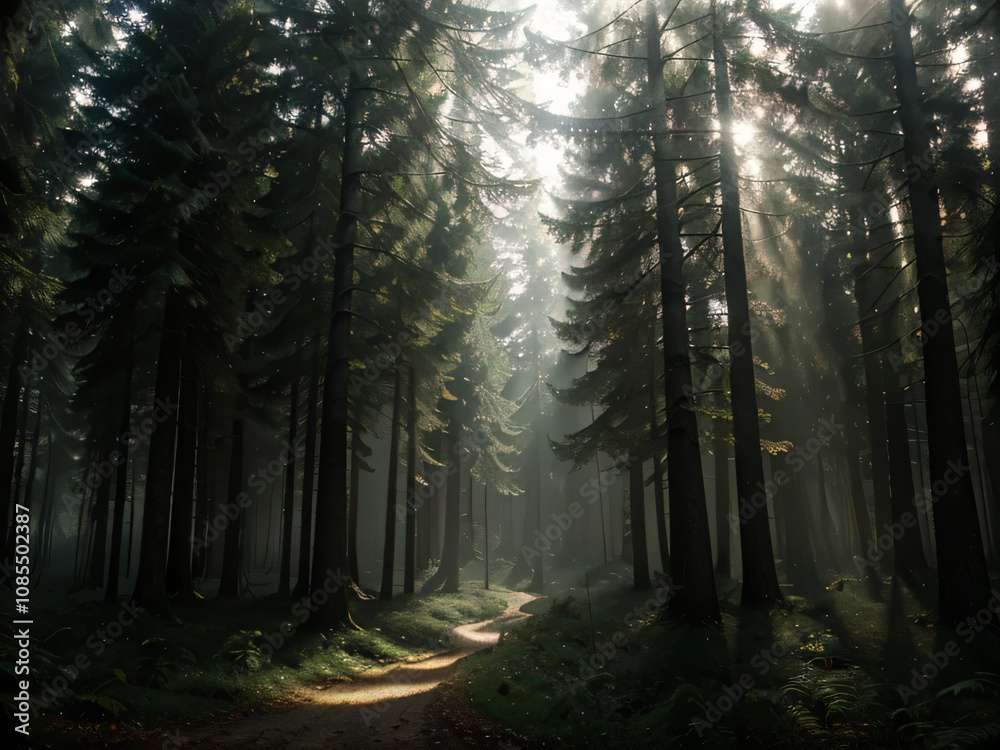 Fototapeta premium forest with thick fog and tall trees, where sunlight penetrates through the branches in the form of sharp light streaks. The shadows of the fog add a dramatic touch to the whole scene