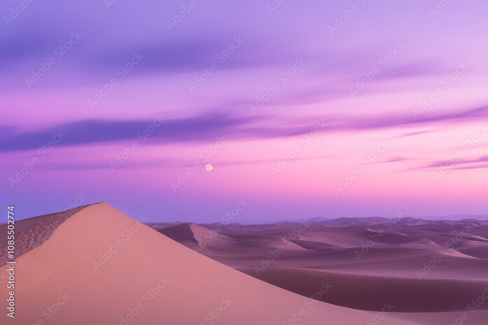 Serene Desert Landscape at Dusk with Soft Purple Sky, Gentle Sand Dunes, and Full Moon Illuminating the Tranquil Scene