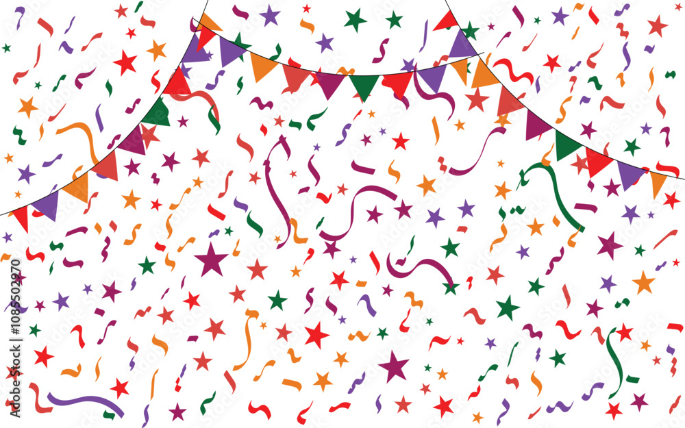 Obraz premium Confetti falling background. Birthday, weeding anniversary, Party, event, festive firework. Multicolored Carnival confetti on white background.