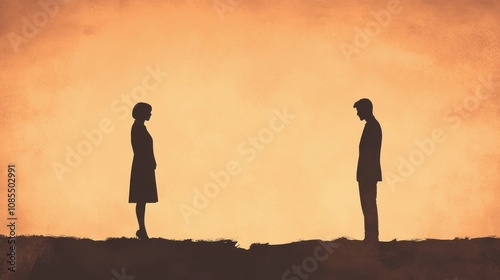 Silhouettes of a man and woman standing apart against a warm, gradient background. photo