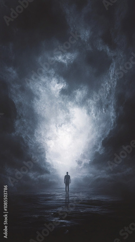 Mysterious Silhouetted Figure in a Dramatic Misty Landscape Surrounded by Swirling Clouds and Ethereal Atmosphere