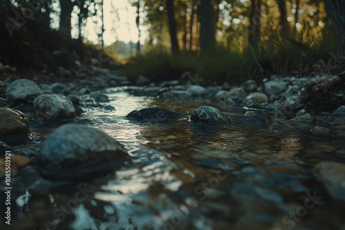 Tranquil Stream Flowing Through Rocky Terrain Surrounded by Lush Forest, Capturing the Serenity of Nature in Golden Hour Light