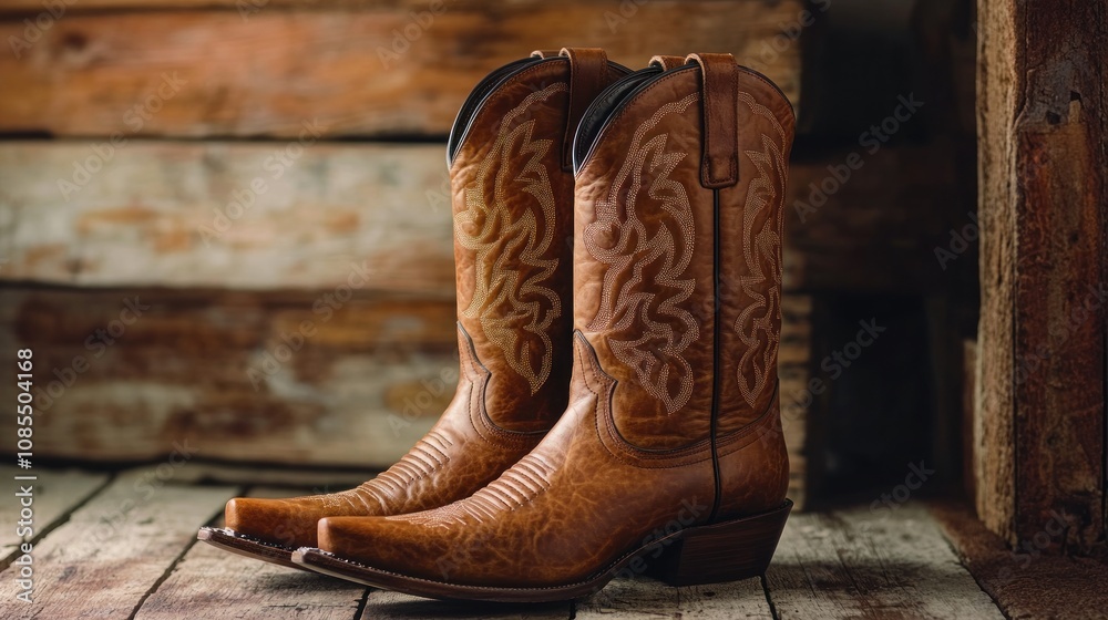 Stylish cowboy boots displayed on a wooden surface. Stylish cowboy boots displayed on a wooden surface.