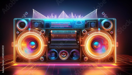 a digital rendering of a boombox with neon wireframes highlighting its shape and glowing speakers