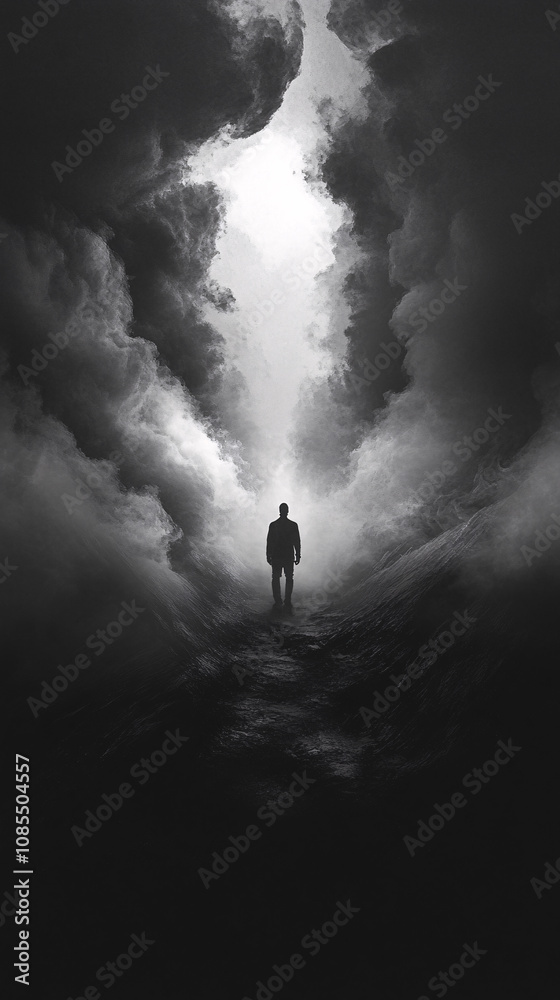 Fototapeta premium Mysterious Silhouetted Figure in a Dramatic Misty Landscape Surrounded by Swirling Clouds and Ethereal Atmosphere