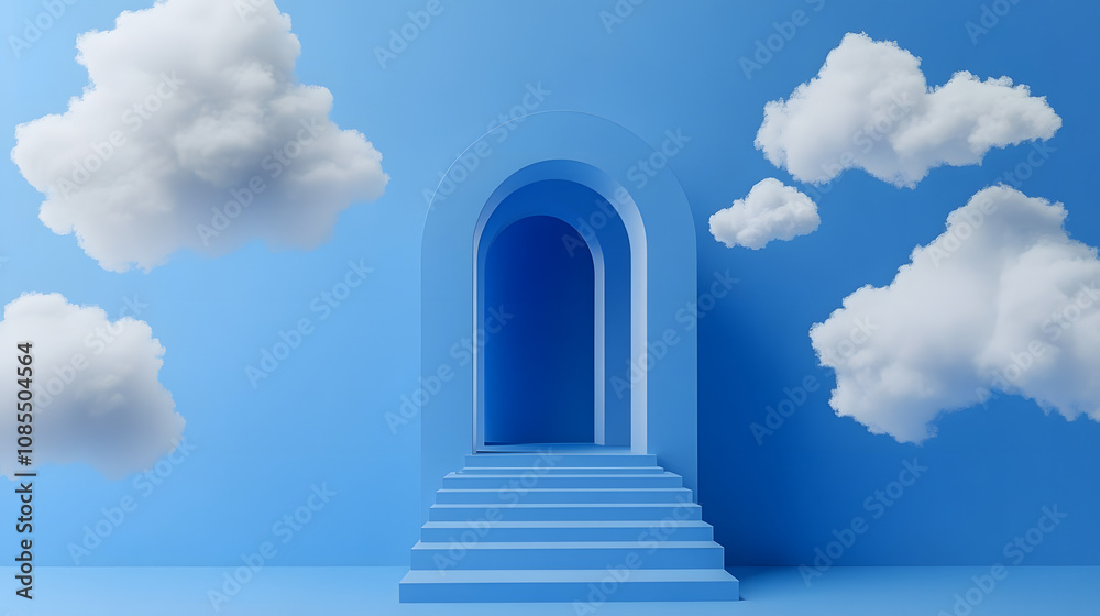 Naklejka premium 3d render, abstract blue background. White clouds flying inside the blue room with arch portal and steps. Minimalist wallpaper