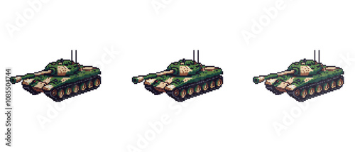 This image shows a pixel art tank with a green and beige camouflage pattern and two antennas on top in a retro video game style.