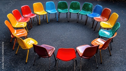 Colorful Plastic Chairs Arranged in a Circular Pattern on a Playground Surface Ideal for Group Activities and Outdoor Gatherings