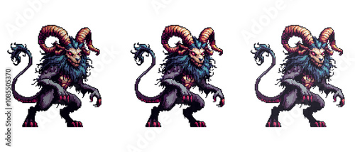 The image shows a pixel art creature with ram horns red eyes a skeletal face a dark furry body and clawed limbs.