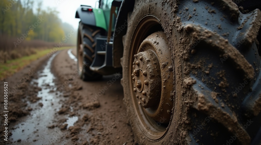 Close-Up of Muddy Tractor Tire on a Rural Dirt Road Close-Up of Muddy Tractor Tire on a Rural Dirt Road