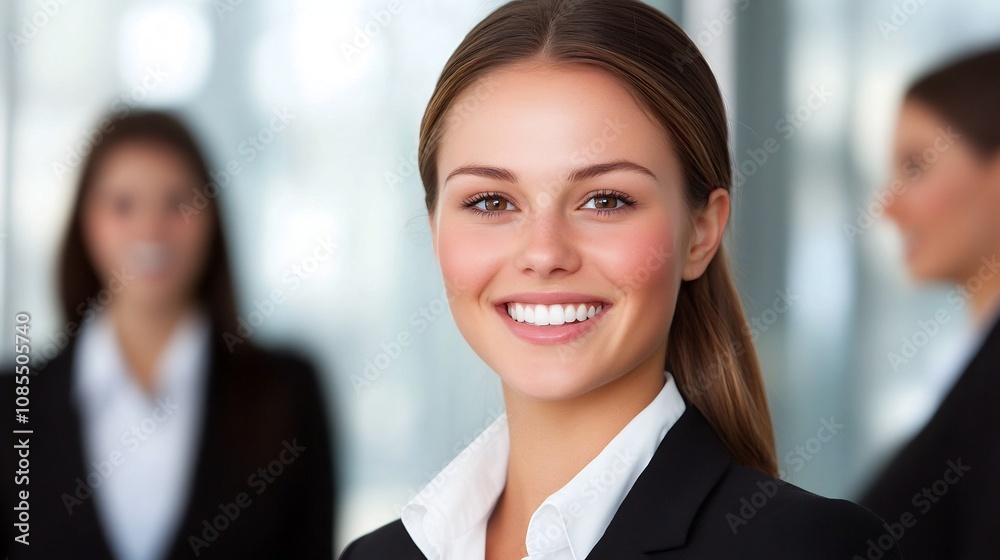 Confident businesswoman smiling in corporate office setting Confident businesswoman smiling in corporate office setting