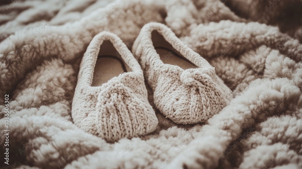Cozy Handmade Knitted Slippers Resting on Soft Plush Blanket in Natural Lighting, Perfect for Winter Stay-at-Home Comfort and Warmth Cozy Handmade Knitted Slippers Resting on Soft Plush Blanket in Natural Lighting, Perfect for Winter Stay-at-Home Comfort and Warmth