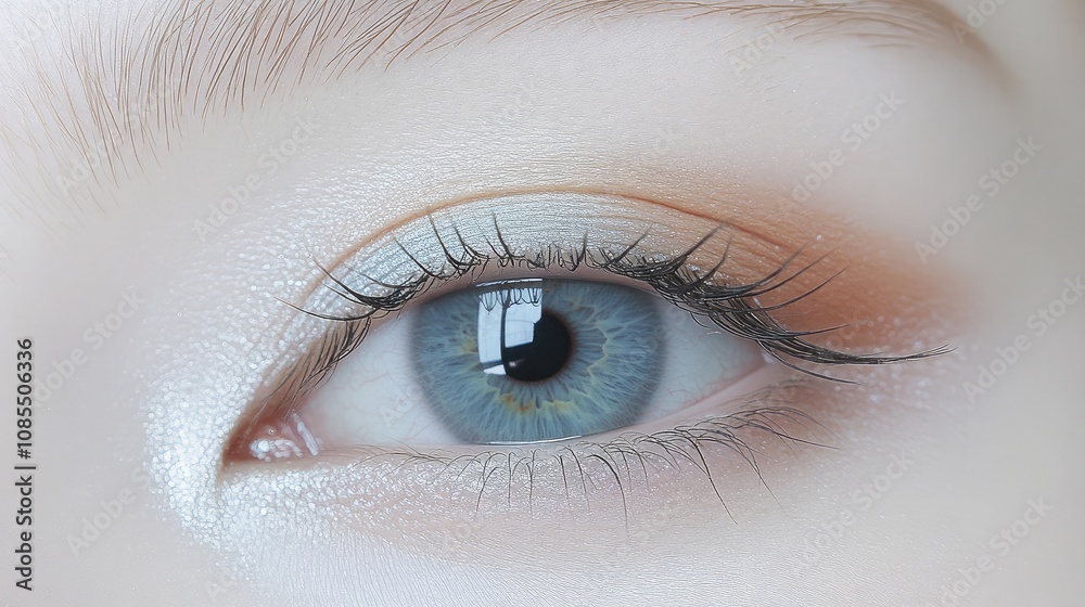 Fototapeta premium Close-up View of Beautiful Blue Eye with Soft Makeup and Delicate Lashes Reflecting Natural Light in a Serene and Elegant Setting
